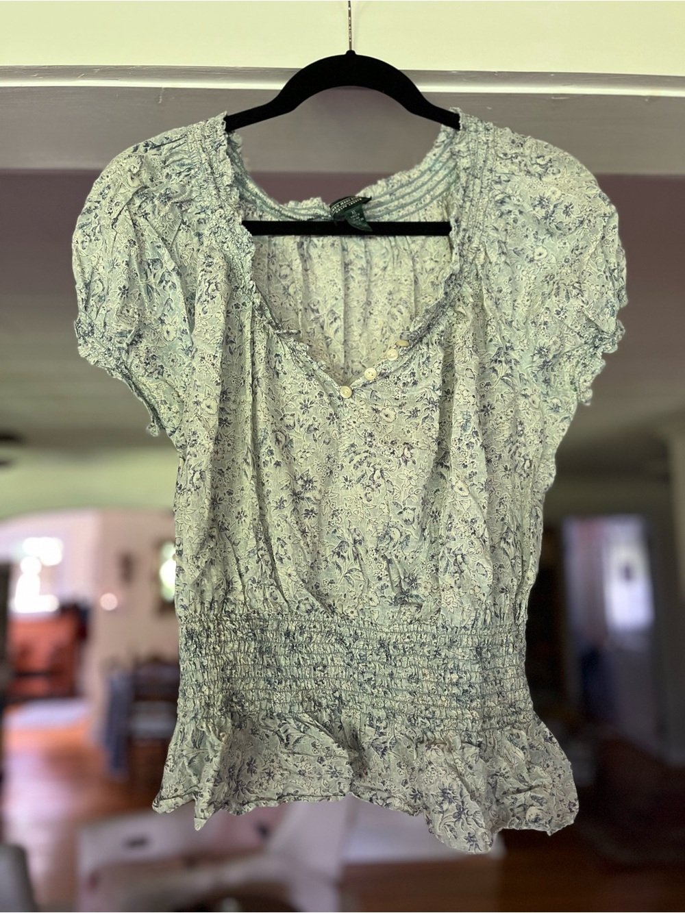 Ralph Lauren Blue Floral Smocked Short-Sleeve Blouse
